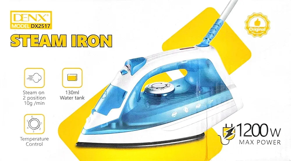 DENX Steam Iron, 1200W Portable Electric Clothes Iron, Temperature Control, Continuous Steam Technology, Spray And Steam Burst Function For Shirts, Trousers, Dresses, Curtains Use, DX2517