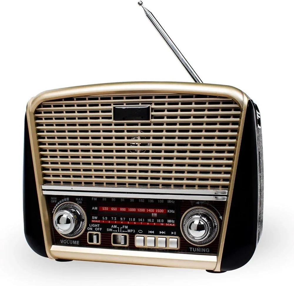 DENX Old Radio Speaker Bluetooth & HIFI-Speaker with Solar Panels AND Flash light, Sd Card, Usb And Aux Port, Brown wood Portable Audio TF Card USB Flash disk Aux playback, 