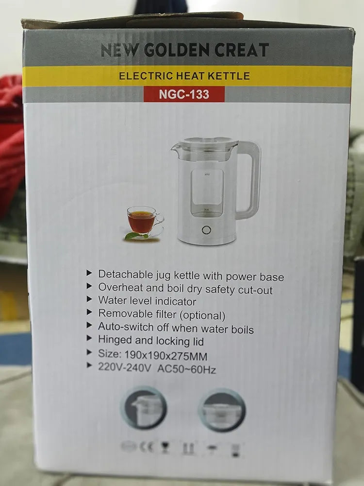 New Golden Creat Electric Kettle 2L, Fast Boil Glass Water Boiler with Auto Shut-Off, Boil-Dry Protection, 1500W Cordless Kettle for Boiling, Milk, Coffee & Tea, for Home & Office, NGC-133 