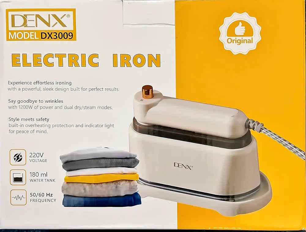 DENX Electric Steam Iron, 1200W Clothes Iron with 180ml Water Tank, 2-in-1 Dry & Steam Ironing Modes, Lightweight Fabric Steamer, Overheat Protection, Portable Garment Care Iron, DX3009