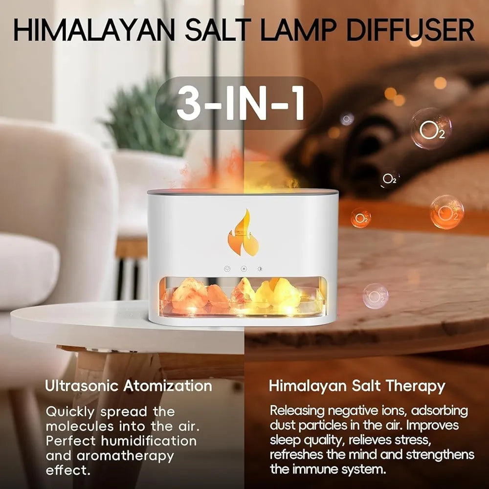 DENX Flame Diffuser, Humidifier with Himalayan Salt, 250ml Aroma Air Freshener, Electric Fire Style Scent Diffuser, Essential Oil Steam Purifier, for Home, Office, DX2510