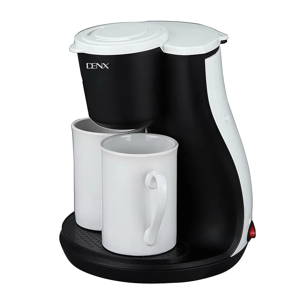 DENX Drip Coffee Maker 450W Mini Electric Coffee Machine With Filter & 2 Porcelain Cups, Compact Single Serve Coffee Brewer For Home Office Kitchen Travel, 240ml Portable Coffee Maker 230V, DX3414