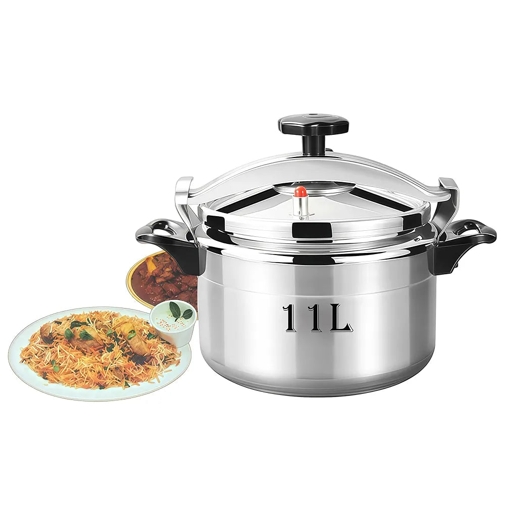 DENX 11L Aluminium Pressure Cooker, Rice Cooking Pot with Safety Lock & Valve, Fast Manual Cooker for Stews, Meat, Vegetables, Gas, Electric Stove Compatible, Silver Cookware, DX3427