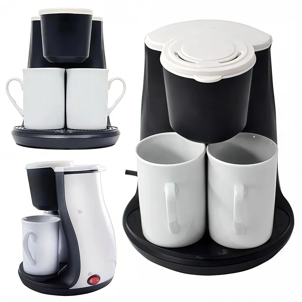 DENX Drip Coffee Maker 450W Mini Electric Coffee Machine With Filter & 2 Porcelain Cups, Compact Single Serve Coffee Brewer For Home Office Kitchen Travel, 240ml Portable Coffee Maker 230V, DX3414