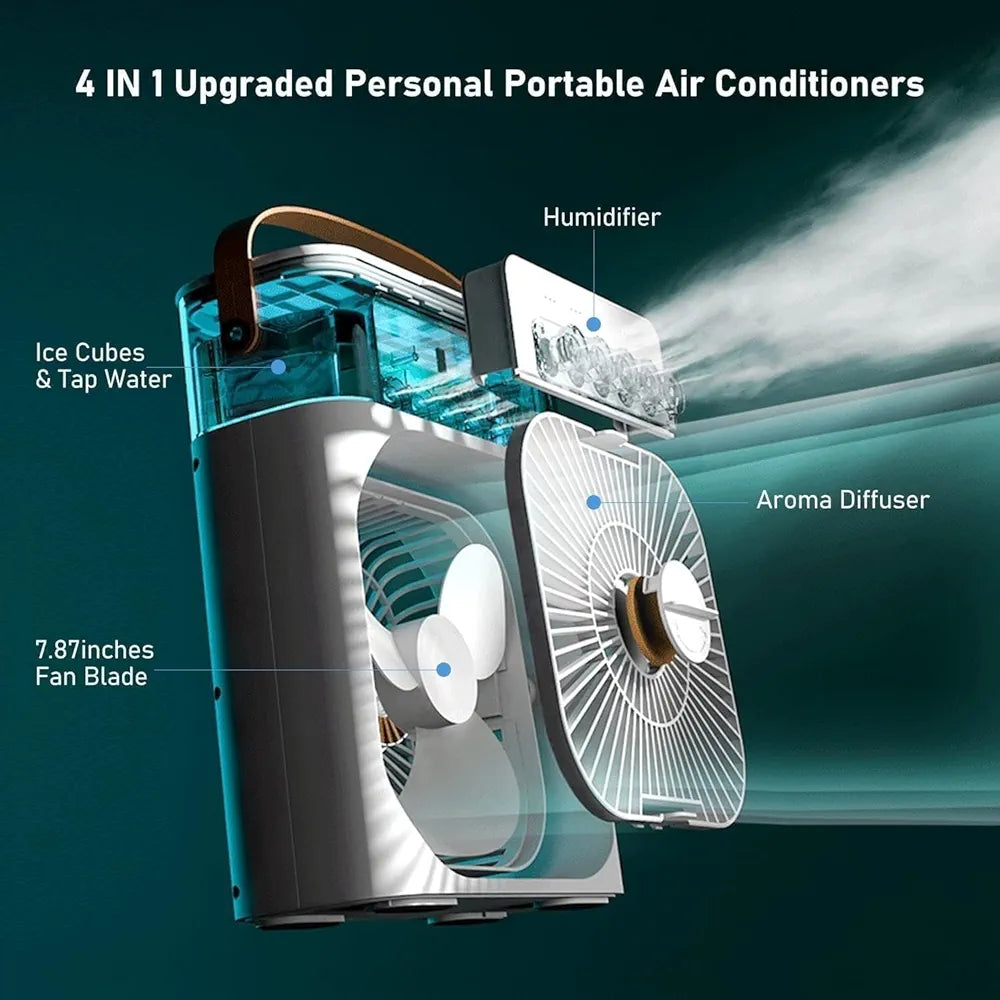 DENX Portable Air Cooler Fan with 700ml Water Tank, Portable Air Conditioners 3 Speeds & 3 Mist Modes, Personal Fan with LED Light, 1-3H Timer AC Cooling Fan for car Home Office Room, DX2552