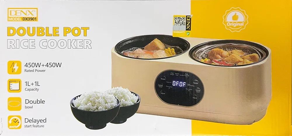 DENX Dual Pot Electric Cooker 1L + 1L, Smart Multi Function Kitchen Appliance with Timer, Non Stick Double Bowl, Fast Heating, Compact Electric Cooker for Soup, Stew, Porridge, DX3901