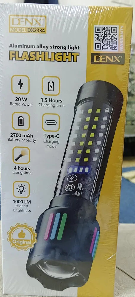DENX Rechargeable LED Flashlight 1000 Lumens, 2700mAh Built-in Battery, USB-C Pocket Torch with Zoom Focus, High Power Handheld Flashlight for Light for Home, Camping, Hiking, Outdoor Use, DX2334