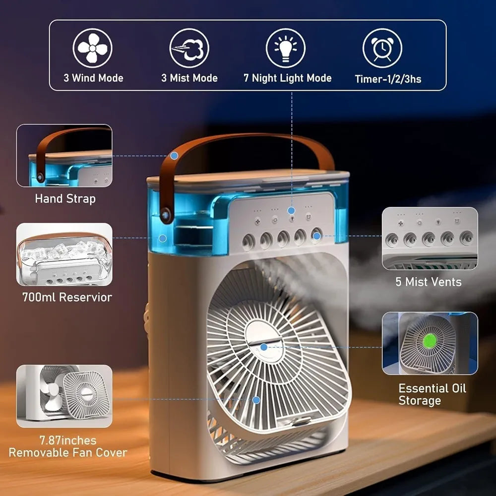 DENX Portable Air Cooler Fan with 700ml Water Tank, Portable Air Conditioners 3 Speeds & 3 Mist Modes, Personal Fan with LED Light, 1-3H Timer AC Cooling Fan for car Home Office Room, DX2552