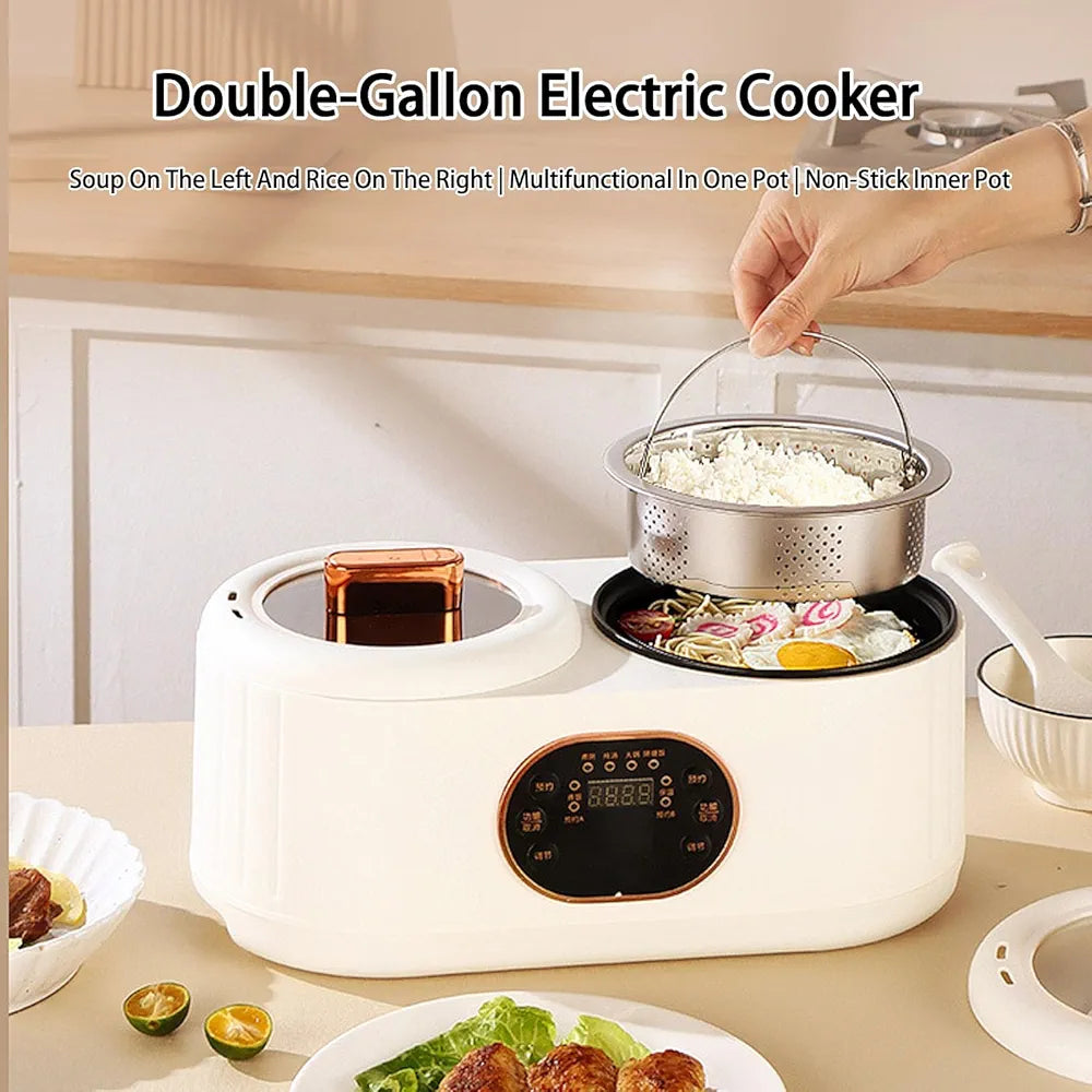 DENX Dual Pot Electric Cooker 1L + 1L, Smart Multi Function Kitchen Appliance with Timer, Non Stick Double Bowl, Fast Heating, Compact Electric Cooker for Soup, Stew, Porridge, DX3901