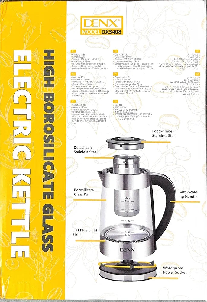 DENX Electric Glass Kettle 1.8L, 1500W Fast Boil Water Heater, Temperature Control, Auto Shut-Off, LED Light, Stainless Steel Filter, Tea Kettle, Coffee Maker, Baby Bottle Warmer, DX3408