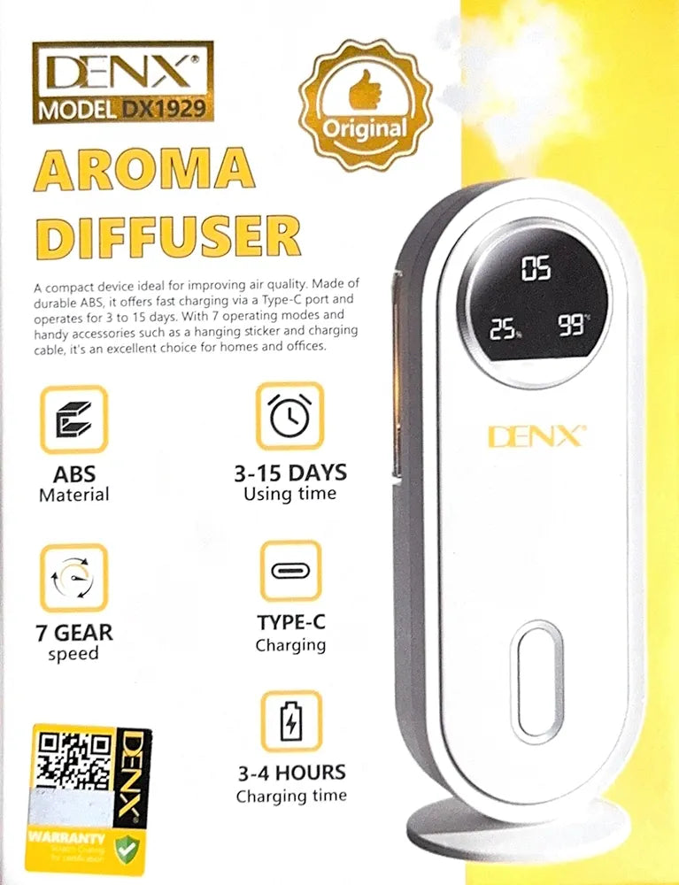 DENX USB Rechargeable Aroma Diffuser, Essential Oil Humidifier with LED Display, 7-Speed Modes, Wall-Mount & Desktop Use, Type-C Fast Charging, Home, Office, Car, Bathroom Air Freshener, DX1929