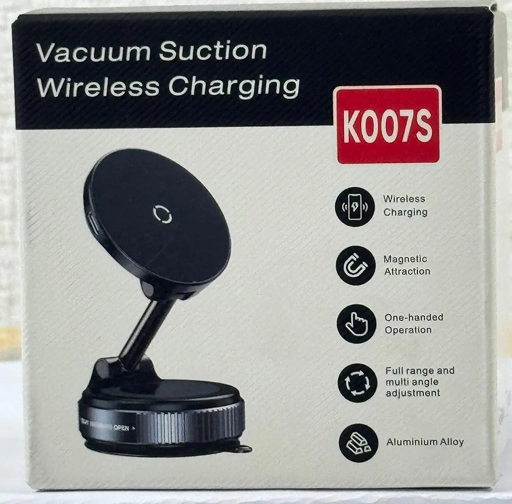 Magnetic Car Phone Holder with 15W Wireless Charging, Vacuum Suction Mount, Dashboard Phone Holder, Windshield Mount, 360° Rotation, Universal Mobile Stand for iPhone, Samsung, Huawei, Xiaomi, K007S
