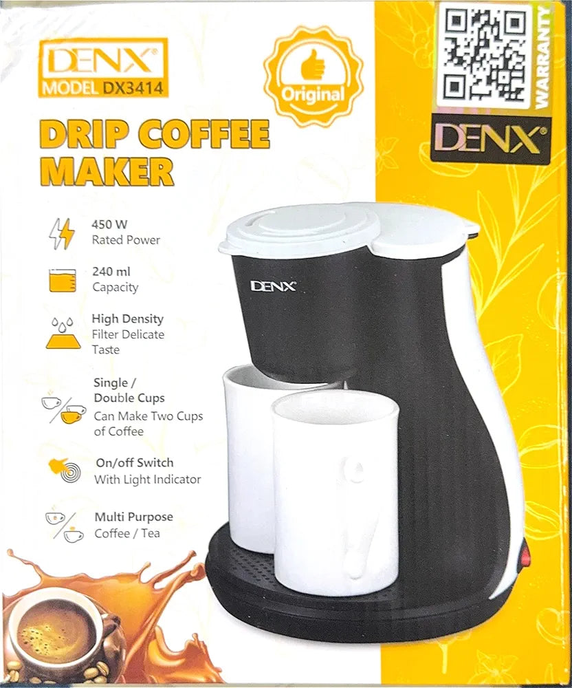 DENX Drip Coffee Maker 450W Mini Electric Coffee Machine With Filter & 2 Porcelain Cups, Compact Single Serve Coffee Brewer For Home Office Kitchen Travel, 240ml Portable Coffee Maker 230V, DX3414