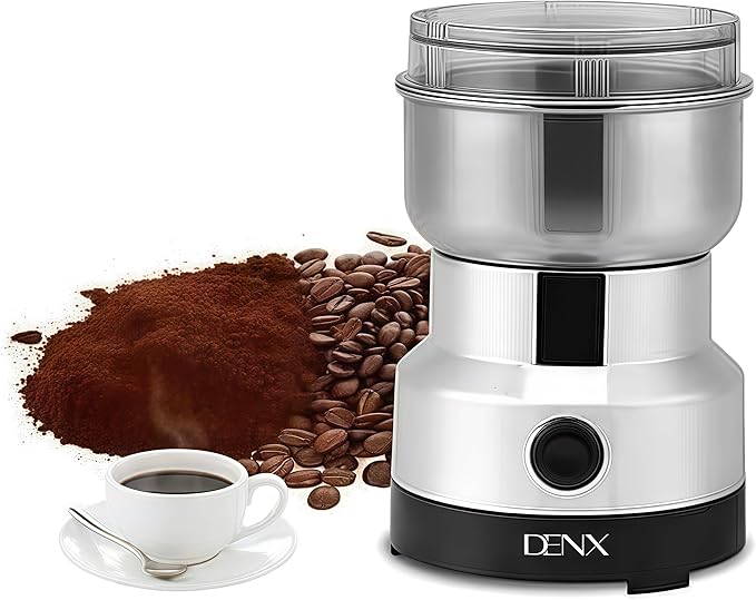 DENX Electric Grinder 150W Stainless Steel Coffee and Spice Grinder Machine 300ml Dry Food Grinder for Nuts Seeds Grains Herbs with 4 Blade, Compact Portable Multifunction Kitchen Mill, DX2505