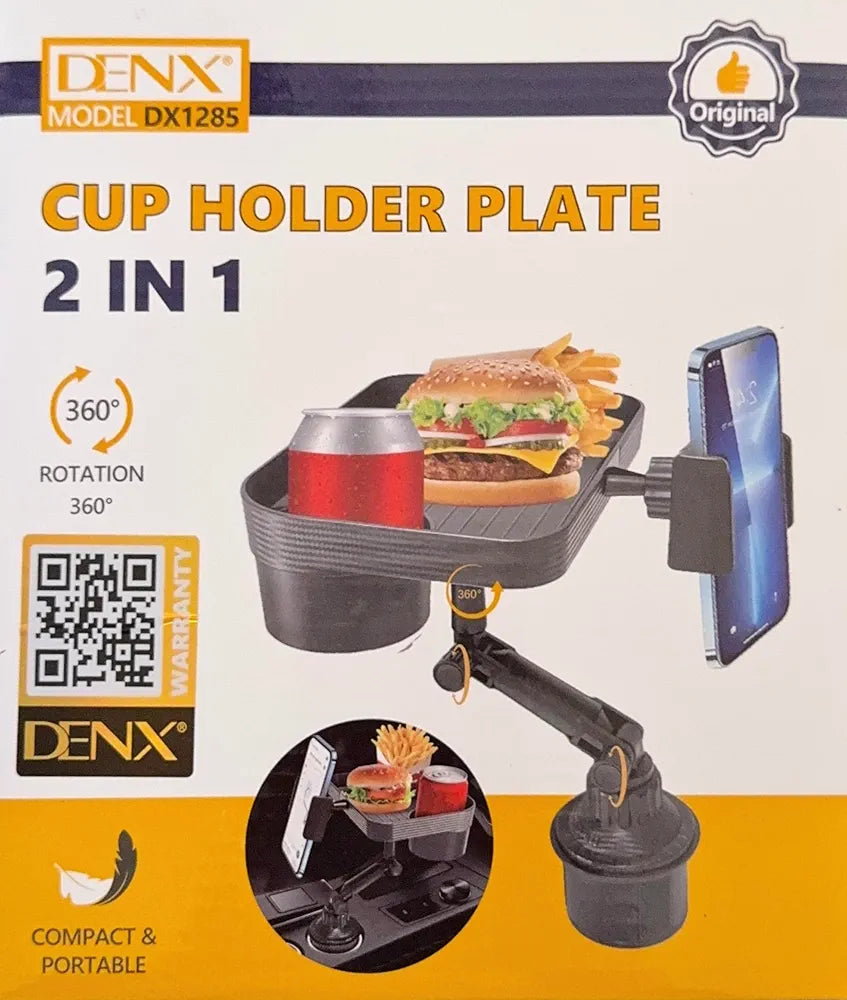 Denx 3-in-1 Car Cup Holder,Food Tray With Phone Mount, 360° Rotating Auto Food & Drink Tray, Adjustable Vehicle Cup Holder Organizer, Portable Car Accessories For Travel Snacks, Drinks, DX1285