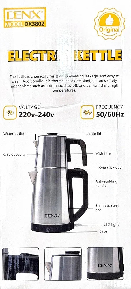 DENX 1500W Stainless Steel Double Electric Kettle 1.8L+1.2L Large & Small Capacity Hot Water Boiler, Tea, Coffee Maker Kettle, Auto Shut Off, Boil Dry Protection, Kitchen & Office Appliance, DX3802