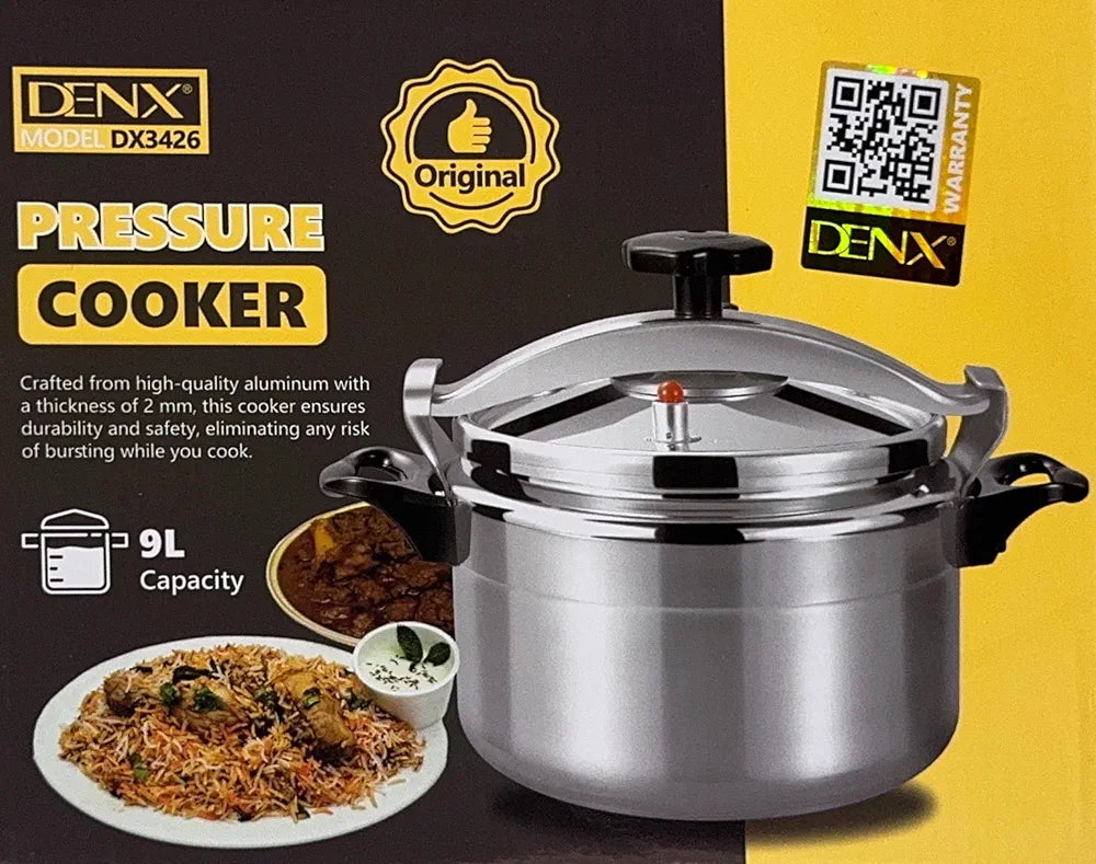 DENX 9L Aluminium Pressure Cooker, Rice Cooking Pot with Safety Lock & Valve, Fast Manual Cooker for Stews, Meat, Vegetables, Gas, Electric Stove Compatible, Silver Cookware, DX3426