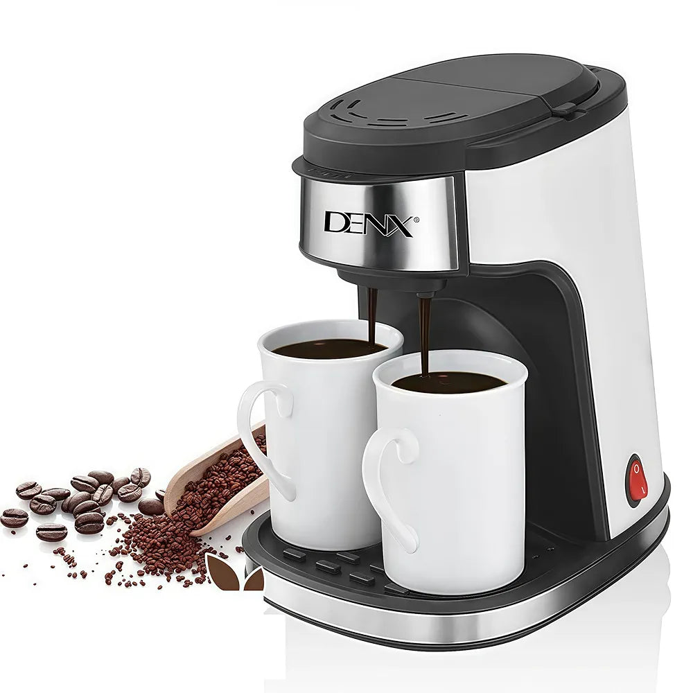 DENX Drip Coffee Maker 240ml, 450W Electric Filter Coffee Machine with Permanent Washable Filter, Double Cup Brewing, Stainless Steel, Portable Espresso Maker for Home Office Travel Tea Milk, DX3413