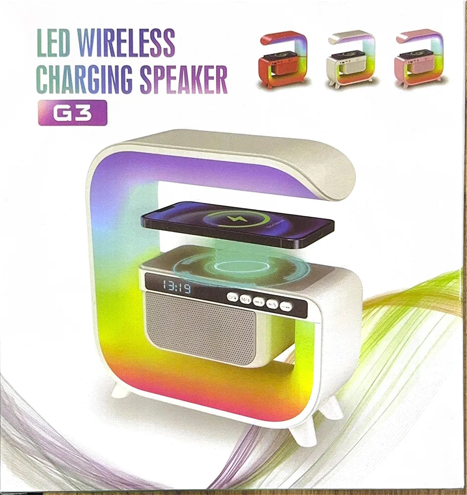 G3 LED Wireless Charging Speaker with Alarm Clock, 16M Colours, 10W Fast Charging, Sound Machine, App Control, Pink/White/Red,