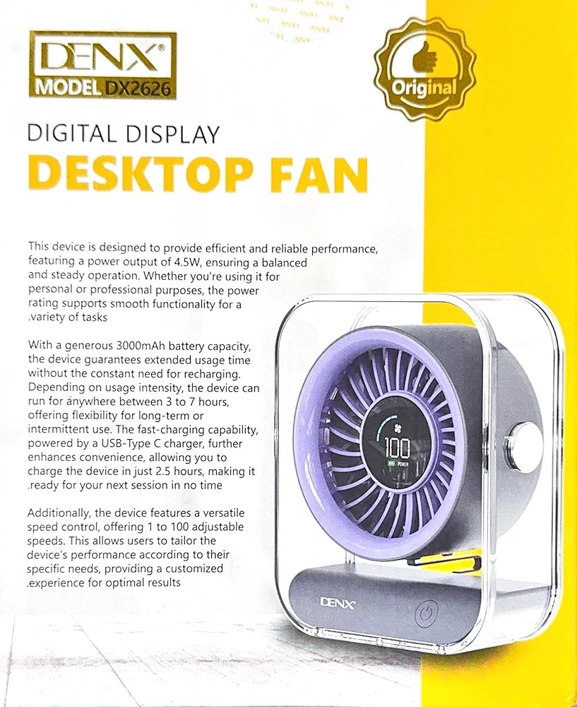 DENX Digital Display Desk Fan, 100-Speed Rechargeable Table Fan with USB-C Fast Charging, 3000mAh Battery Operated Silent Air Circulator, Portable Mini Fan for Bedroom, Office, Travel Use, DX2626