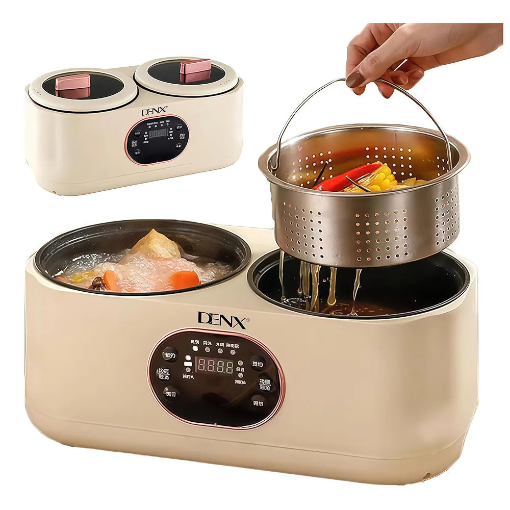 DENX Dual Pot Electric Cooker 1L + 1L, Smart Multi Function Kitchen Appliance with Timer, Non Stick Double Bowl, Fast Heating, Compact Electric Cooker for Soup, Stew, Porridge, DX3901