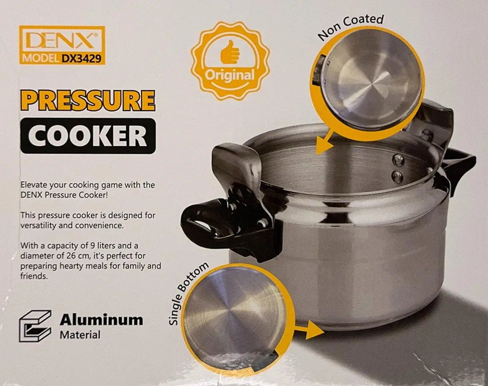 DENX 9L Aluminium Pressure Cooker, Cooking Pot with Safety Lock & Valve, Fast Manual Cooker for Stews, Meat, Vegetables, Gas, Electric Stove Compatible, Silver Cookware, DX3429
