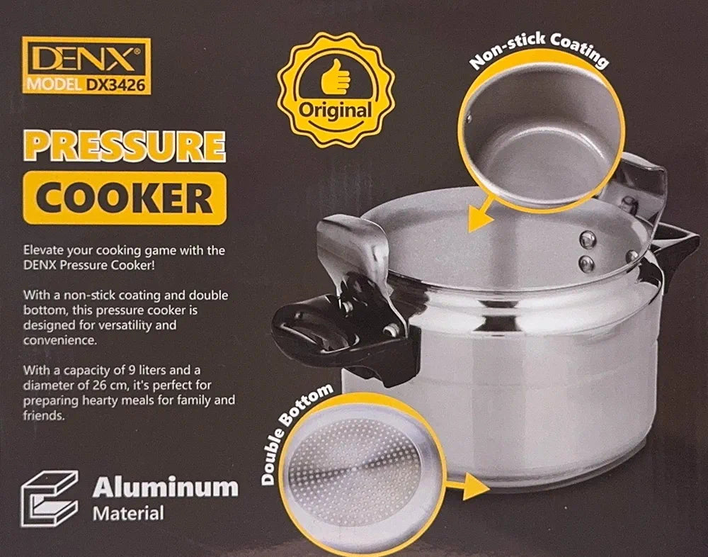 DENX 9L Aluminium Pressure Cooker, Rice Cooking Pot with Safety Lock & Valve, Fast Manual Cooker for Stews, Meat, Vegetables, Gas, Electric Stove Compatible, Silver Cookware, DX3426