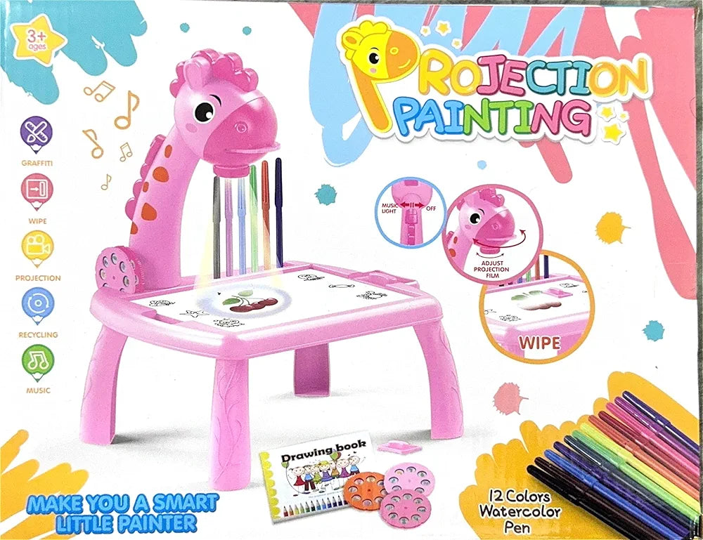 Kids Projection Art Table Set with 12 Watercolour Pens, Drawing Book, Light and Music Features, Age 3+