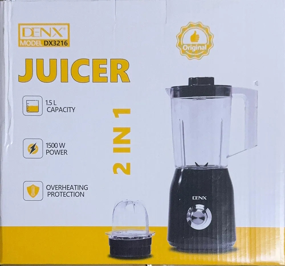 DENX 2-in-1 Juicer Blender Grinder 1500W, 1.5L Blender Smoothie Maker, Multi-Speed Juicer Mixer Grinders, Ice Crusher, Food Chopper, Overheat Protection, Stainless Steel Blades, DX3216