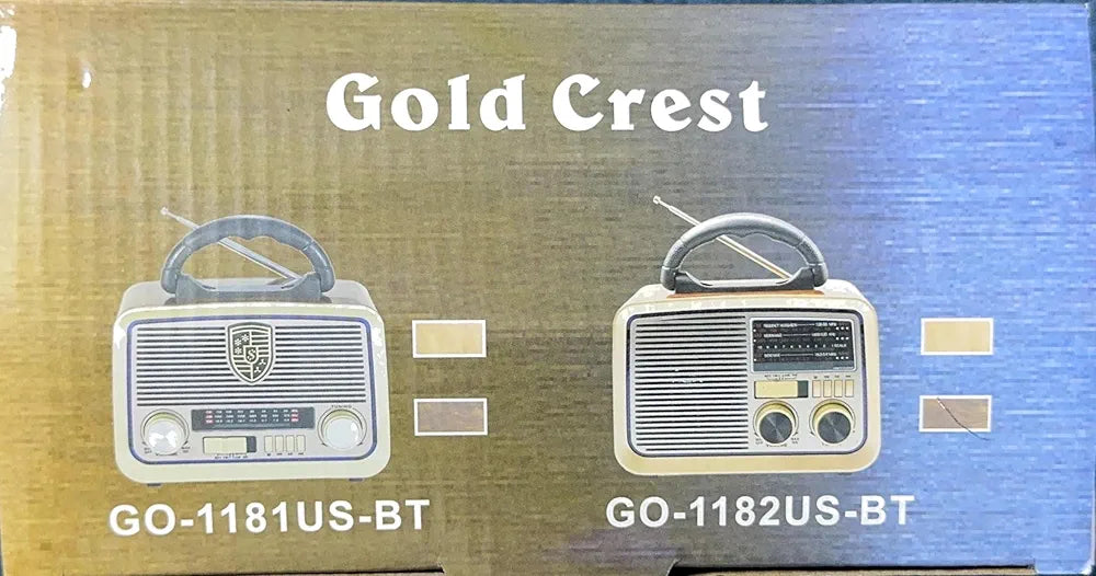Gold Crest Old Radio Speaker Bluetooth & HIFI-Speaker with Solar Panels, Sd Card, Usb And Aux Port, Radio FM/AM/SW Brown wood Portable Audio TF Card USB Flash disk Aux playback, GO-1182US-BT