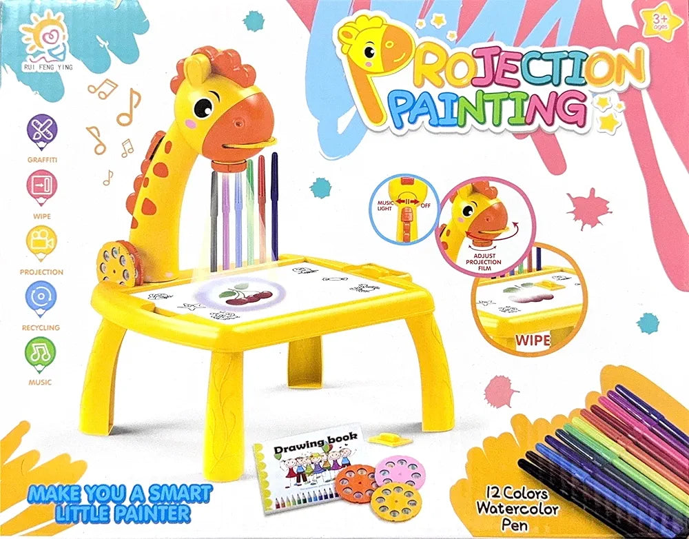 Kids Projection Art Table Set with 12 Watercolour Pens, Drawing Book, Light and Music Features, Age 3+