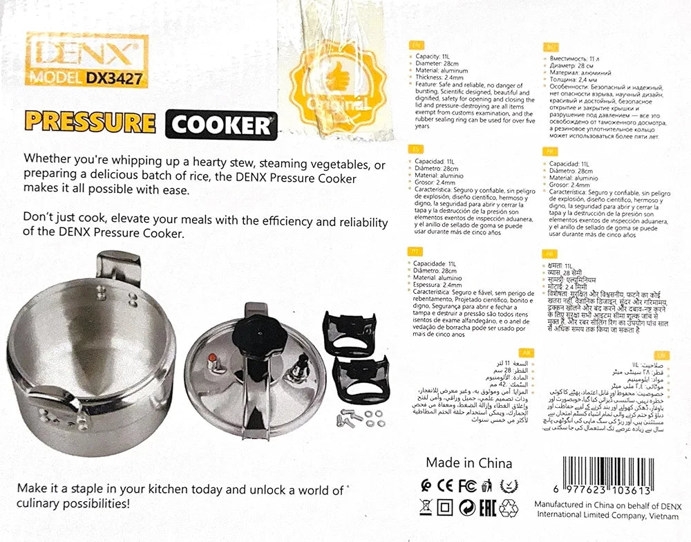 DENX 11L Aluminium Pressure Cooker, Rice Cooking Pot with Safety Lock & Valve, Fast Manual Cooker for Stews, Meat, Vegetables, Gas, Electric Stove Compatible, Silver Cookware, DX3427