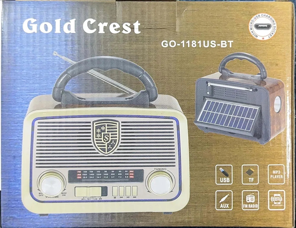 Gold Crest Old Radio Speaker Bluetooth & HIFI-Speaker with Solar Panels, Sd Card, Usb And Aux Port, Radio FM/AM/SW Brown wood Portable Audio TF Card USB Flash disk Aux playback, GO-1182US-BT