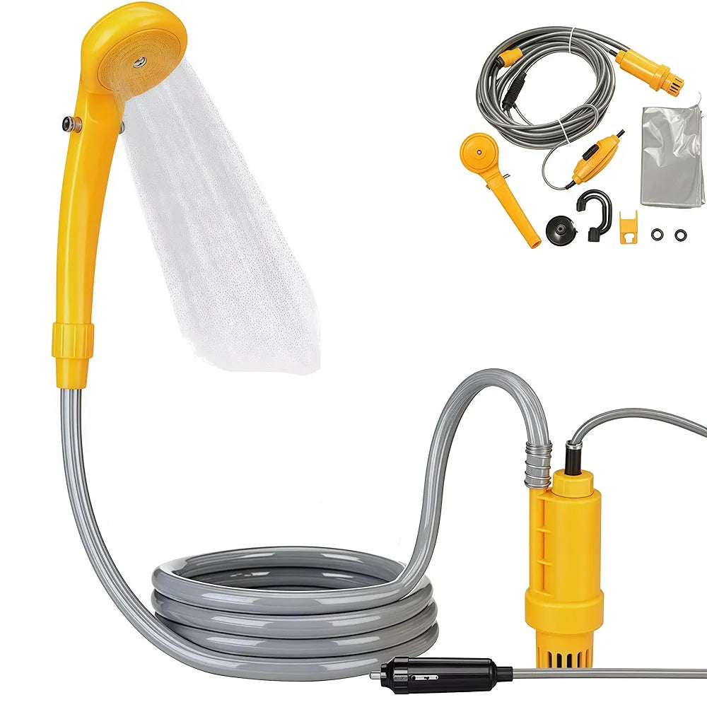 DENX Portable 12V Electric Shower Kit Outdoor for Car, Pet, Dog, Camping & Travel, Car Washing, Hiking Shower Pump, 60W High Pressure, DX3612