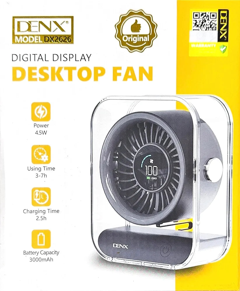 DENX Digital Display Desk Fan, 100-Speed Rechargeable Table Fan with USB-C Fast Charging, 3000mAh Battery Operated Silent Air Circulator, Portable Mini Fan for Bedroom, Office, Travel Use, DX2626