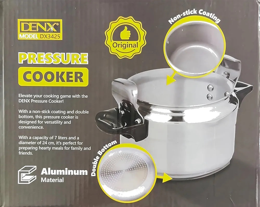 DENX 7L Aluminium Pressure Cooker, Rice Cooking Pot with Safety Lock & Valve, Fast Manual Cooker for Stews, Meat, Vegetables, Gas, Electric Stove Compatible, Silver Cookware, DX3425