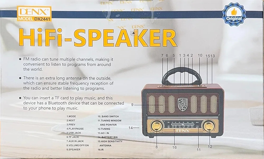 DENX Old Radio Speaker Bluetooth & HIFI-Speaker with Remote control, Sd Card, Usb And Aux Port, Radio FM/AM/SW Brown wood Portable Audio TF Card USB Flash disk Aux playback