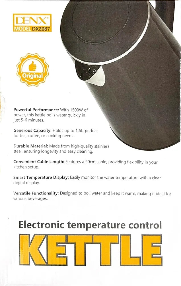 DENX Smart Electric Kettle 1.6L Stainless Steel, 1500W Fast Boil, LED Digital Touch Display, Adjustable Temperature Control, Keep Warm Function, Auto Shut-Off, For Tea, Coffee, Baby Formula, DX2087