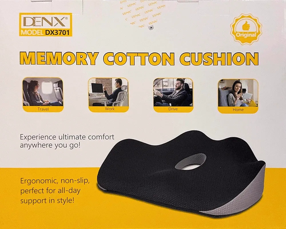 DENX Ergonomic Memory Foam Seat Cushion, Breathable Non-Slip Orthopedic Chair Pillow with Center Pressure Relief Hole, Portable Support Pad for Office, Car, Wheelchair, Travel & Home Comfort, DX3701