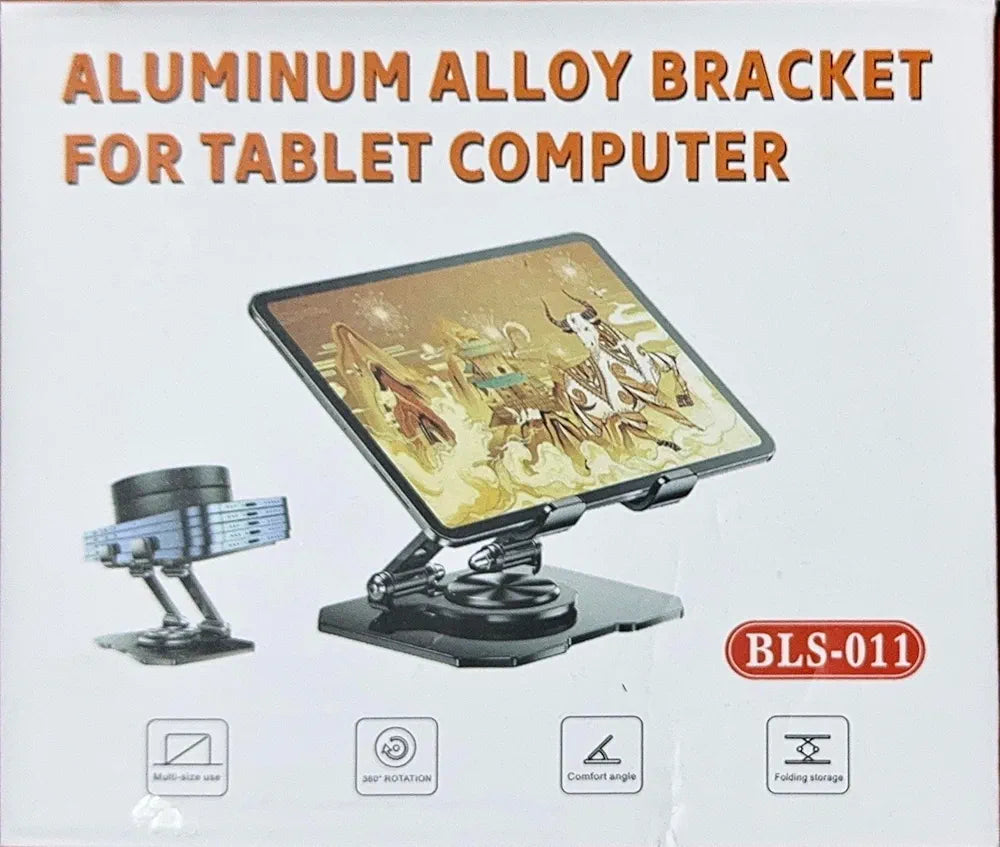 Aluminum Alloy Tablet Stand Adjustable Holder, 360° Rotatable, Foldable Desk Stand for iPad, Tablet, Mobile Phone, Kindle, Universal Multi-Device Support, Adjustable Viewing Angle, BLS-011, White