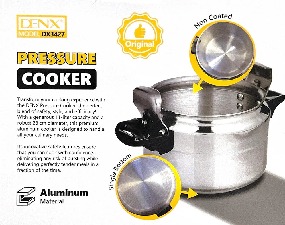 DENX 11L Aluminium Pressure Cooker, Rice Cooking Pot with Safety Lock & Valve, Fast Manual Cooker for Stews, Meat, Vegetables, Gas, Electric Stove Compatible, Silver Cookware, DX3427