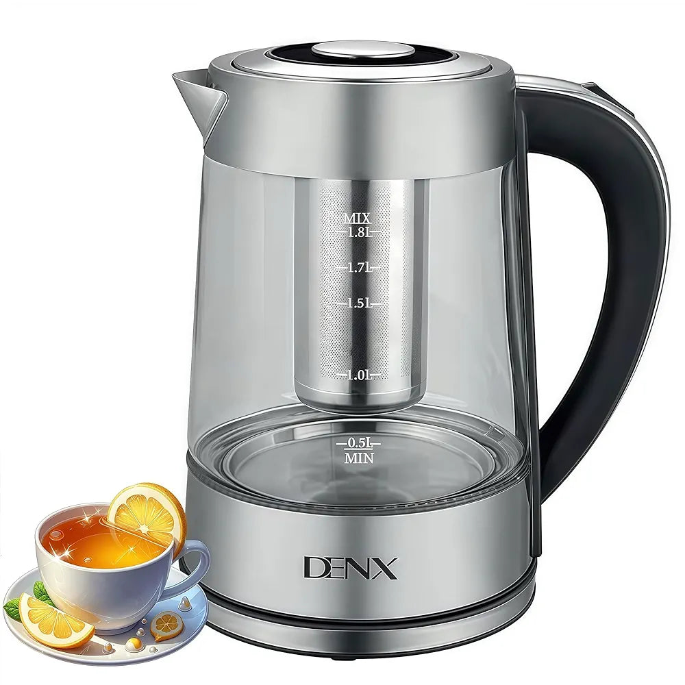 DENX Electric Glass Kettle 1.8L, 1500W Fast Boil Water Heater, Temperature Control, Auto Shut-Off, LED Light, Stainless Steel Filter, Tea Kettle, Coffee Maker, Baby Bottle Warmer, DX3408