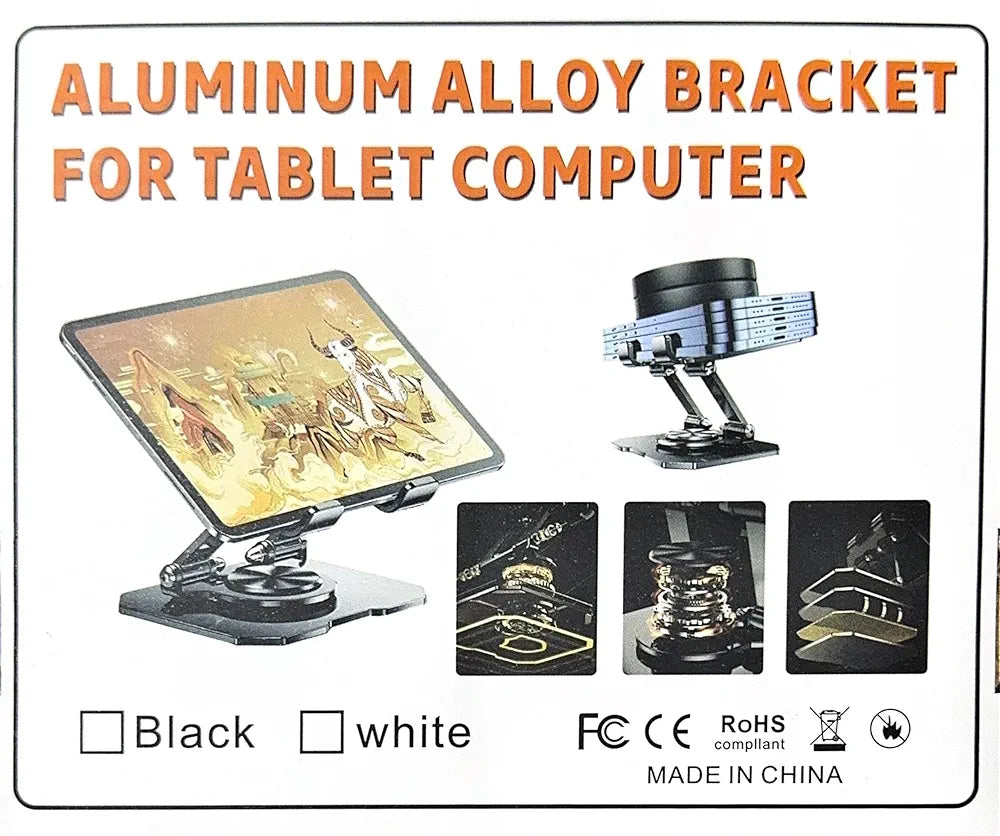 Aluminum Alloy Tablet Stand Adjustable Holder, 360° Rotatable, Foldable Desk Stand for iPad, Tablet, Mobile Phone, Kindle, Universal Multi-Device Support, Adjustable Viewing Angle, BLS-011, White