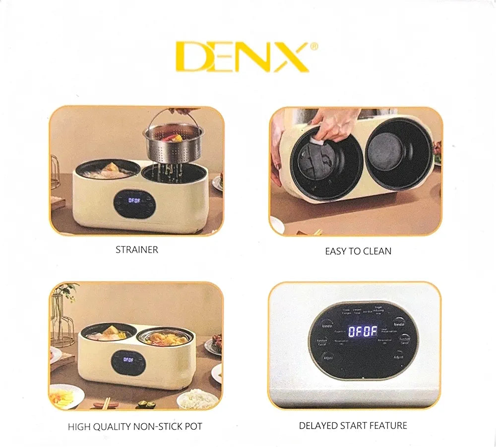 DENX Dual Pot Electric Cooker 1L + 1L, Smart Multi Function Kitchen Appliance with Timer, Non Stick Double Bowl, Fast Heating, Compact Electric Cooker for Soup, Stew, Porridge, DX3901