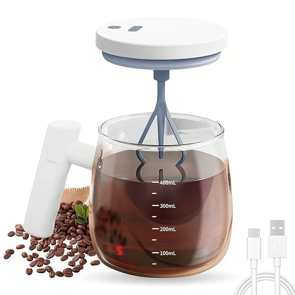 Self Stirring Mug 400ml, Automatic Coffee Mixing Cup, Rechargeable Electric Coffee Mug, Borosilicate Glass, Tea Cup with Lid, Protein Shaker, Milk Frother, Portable Travel Mug, Home, Office, MY-04