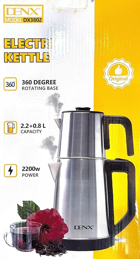 DENX 1500W Stainless Steel Double Electric Kettle 1.8L+1.2L Large & Small Capacity Hot Water Boiler, Tea, Coffee Maker Kettle, Auto Shut Off, Boil Dry Protection, Kitchen & Office Appliance, DX3802
