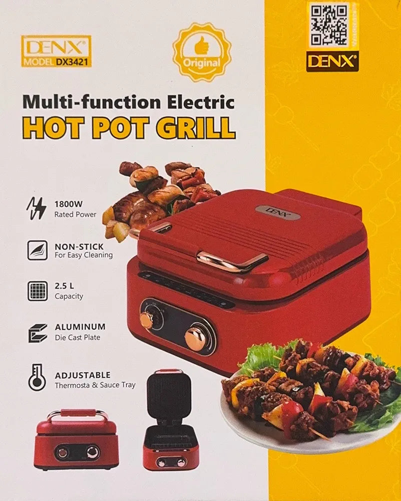 DENX 1800W Multi Function Electric Hot Pot Grill 2.5L, Non Stick Aluminum, Tabletop Bbq Grill, With Adjustable Thermostat, Sauce Tray, And Cool Touch Handles, For Indoor Cooking, DX3421