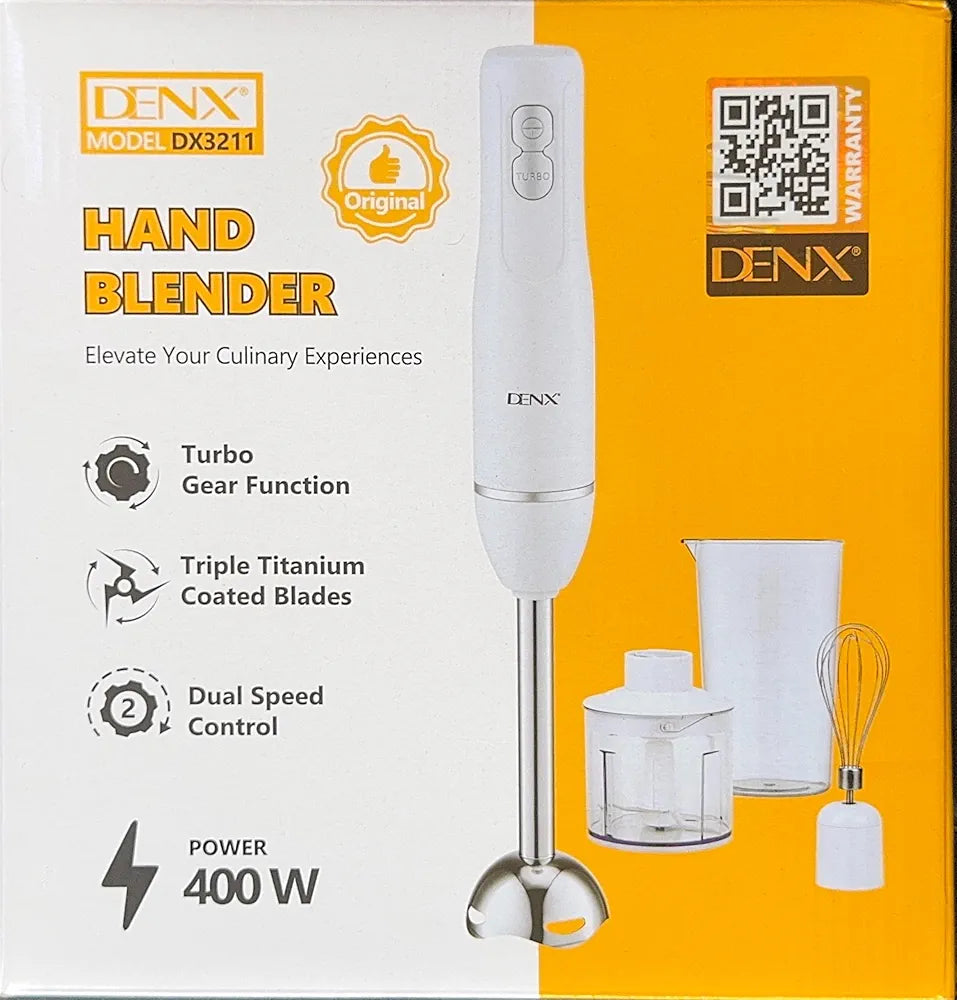 DENX 4-in-1 Electric Hand Blender, 400W Stick Blender with 500ml Food Chopper, Inox Whisk & 700ml Measuring Cup, Electric Blender & Hand Mixer with Stainless Steel Blade Use for Cake Mixer, DX3211