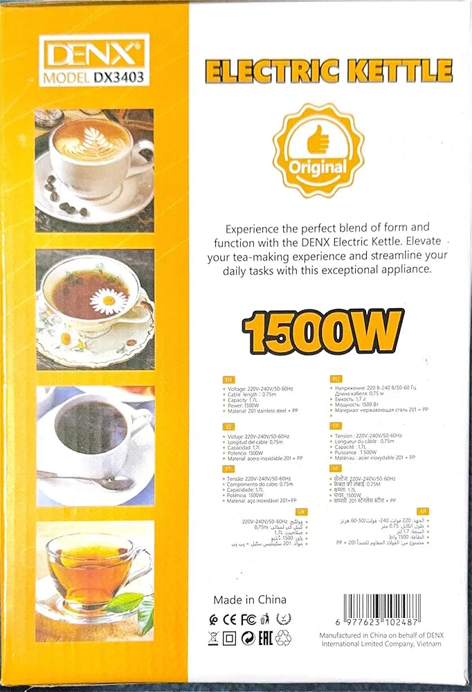 DENX 1500W 1.7L Stainless Steel Electric Kattle, Fast Boil, Tea Maker High-Speed Kettle, 360° Rotational Base, Teapot Perfect for Boiling Water, Milk, Coffee & Tea, for Home & Office Use, DX3403