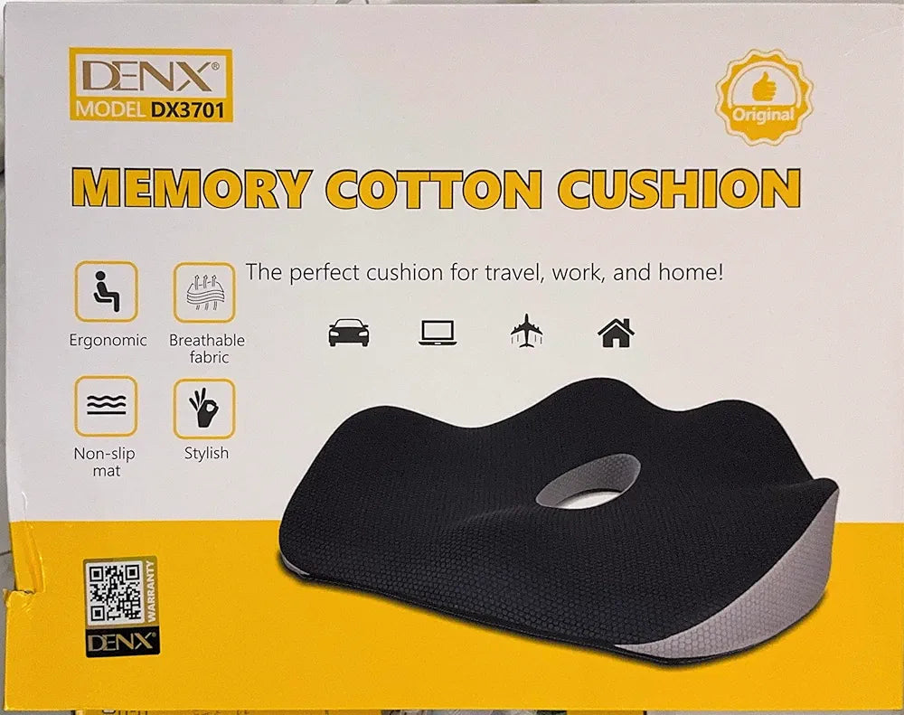 DENX Ergonomic Memory Foam Seat Cushion, Breathable Non-Slip Orthopedic Chair Pillow with Center Pressure Relief Hole, Portable Support Pad for Office, Car, Wheelchair, Travel & Home Comfort, DX3701